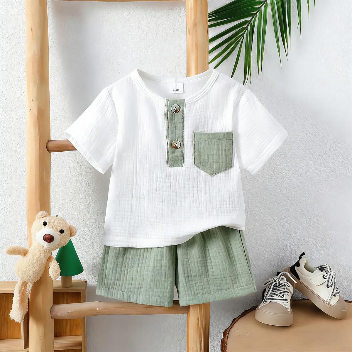 Conjunto de camisa y pantalones cortos Henley de manga corta para bebé, de muselina, color verde arrugado