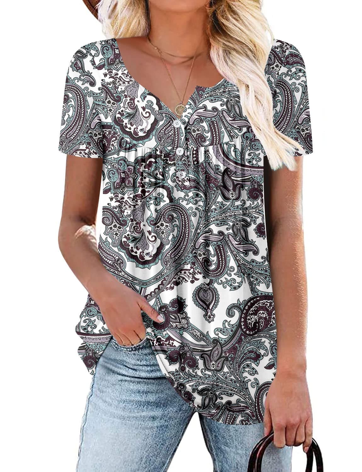 KISSMODA Ladies Pleated Tunic Tops for Women Buttons up Long Sleeve Shirts Floral Print — view 15