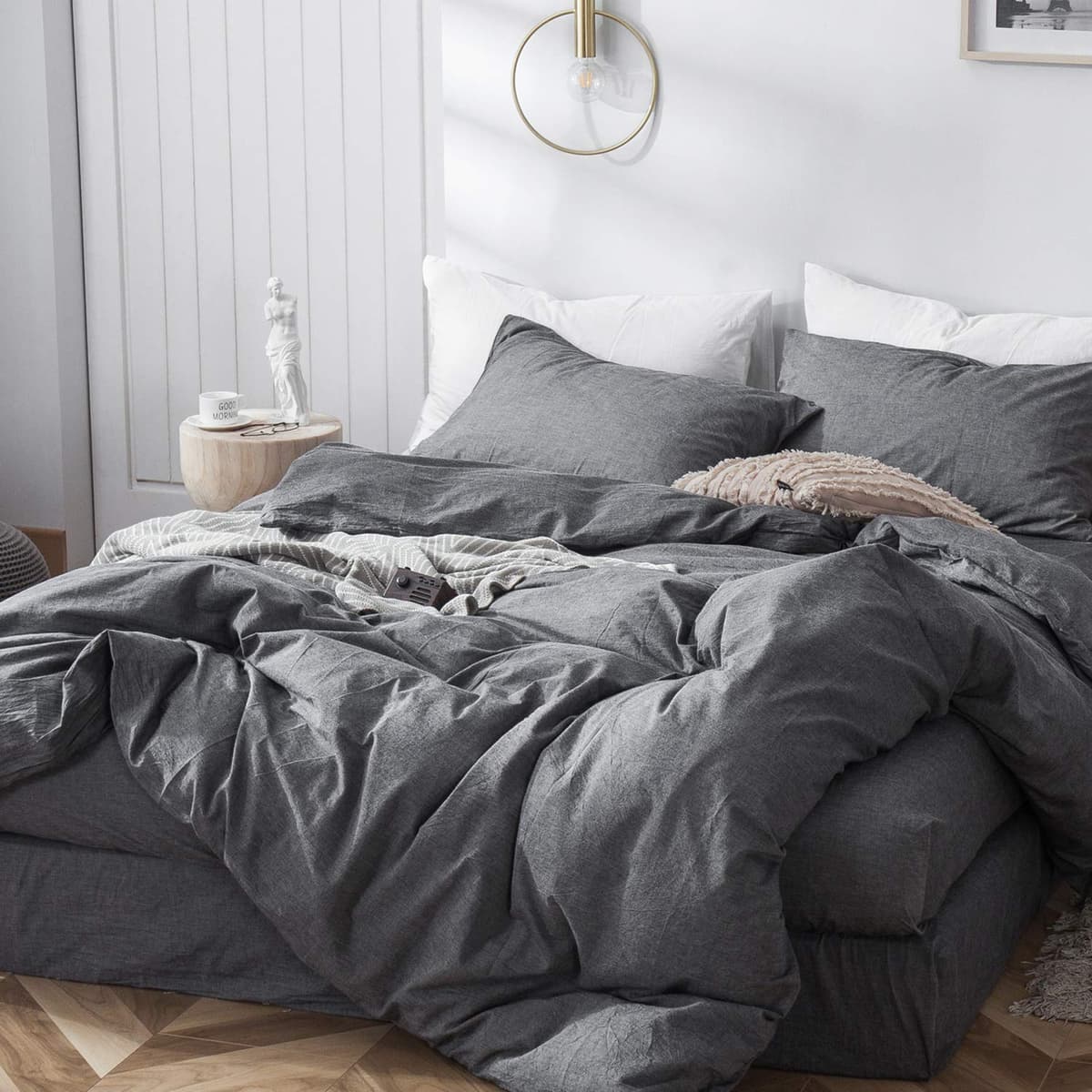 MooMee Bedding Duvet Cover Set 100% Washed Cotton Linen Like Textured Breathable Durable Soft Comfy (Tannish Linen Grey, King) — view 265