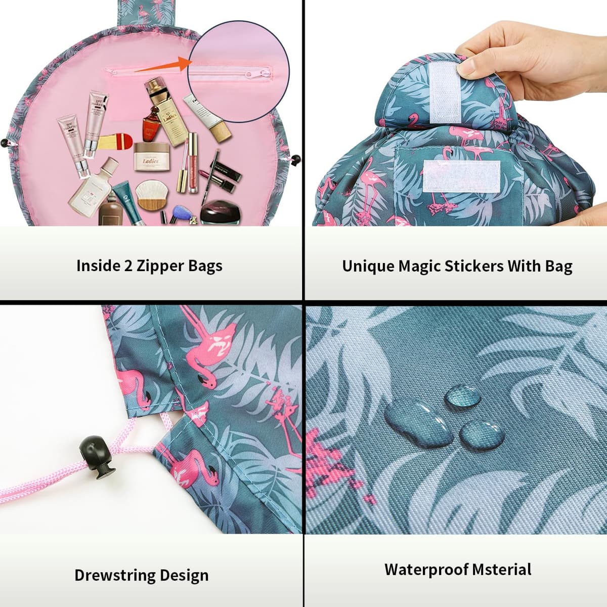 Lazy Drawstring Makeup Bags, Large Capacity Waterproof Travel Portable Cosmetic Bag Pouch Makeup Pouch Storage Organiser for Women Girl (Flamingo) — view 5