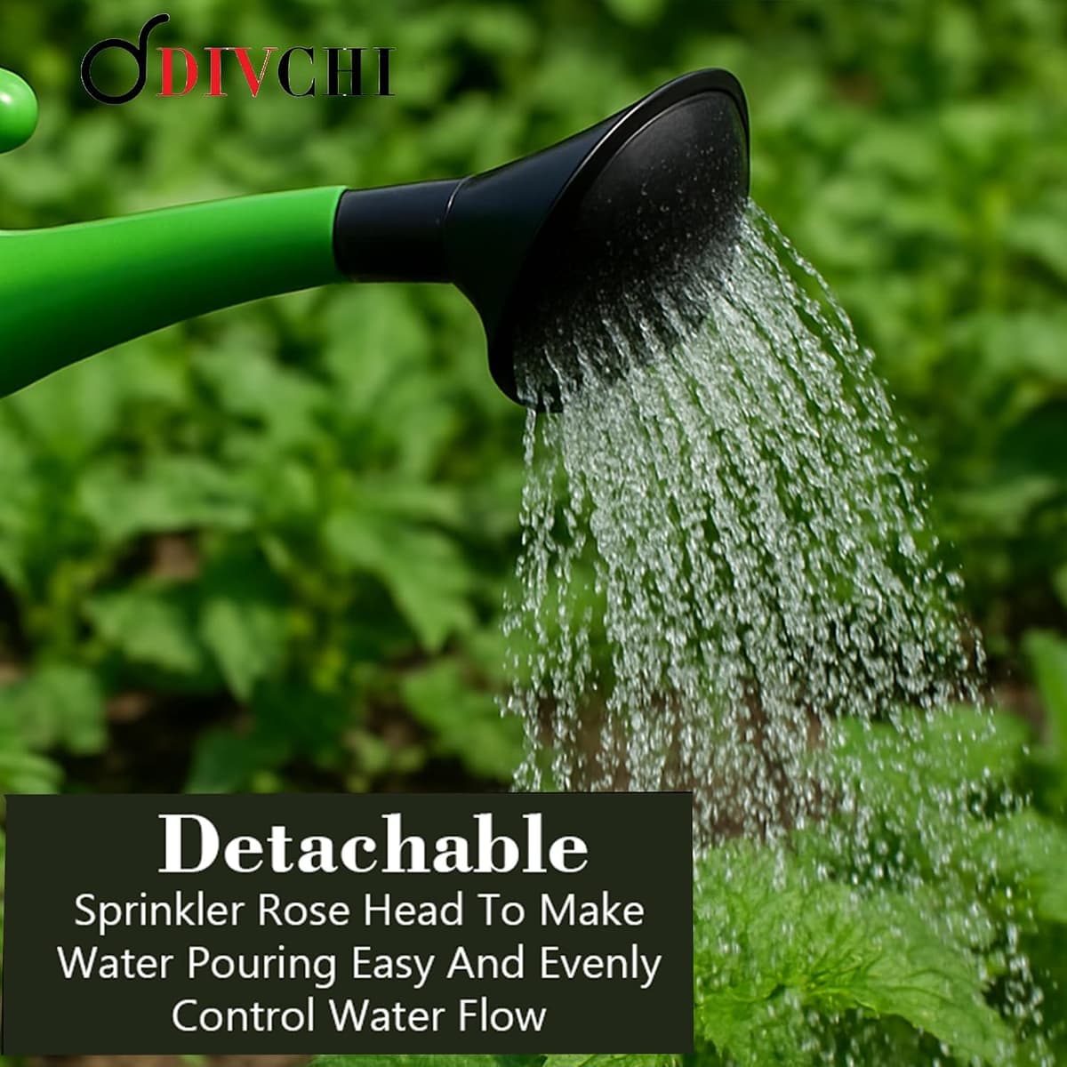 DIVCHI Green Plastic Watering Can with Wrap-Around Handle & Long Spout – Detachable Rose Sprinkler Head – Lightweight Garden Watering Can for Indoor & Outdoor Plant Care (6 Litre) 6 Litre Green — view 3
