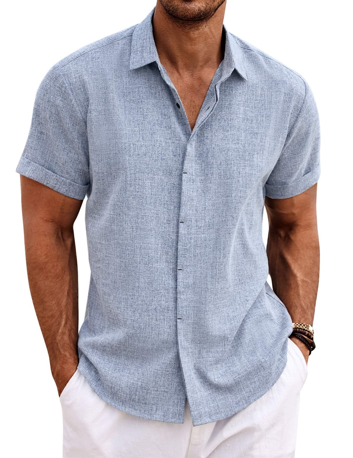 COOFANDY Men's Linen Shirts Short Sleeve Casual Shirts Button Down Shirt for Men Beach Summer Wedding Shirt — view 41