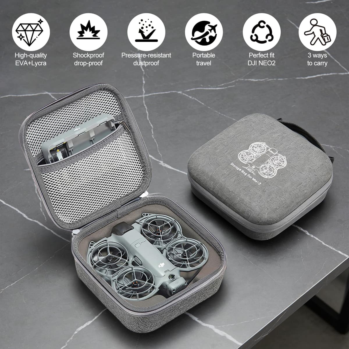 Neo 2 bolsa, carcasa dura portátil para DJI Neo 2 Drone, Maleta Drones Accesorios para DJI Neo 2, Gris Bolsa Estuche Portátil Ligero y Compacto — view 3