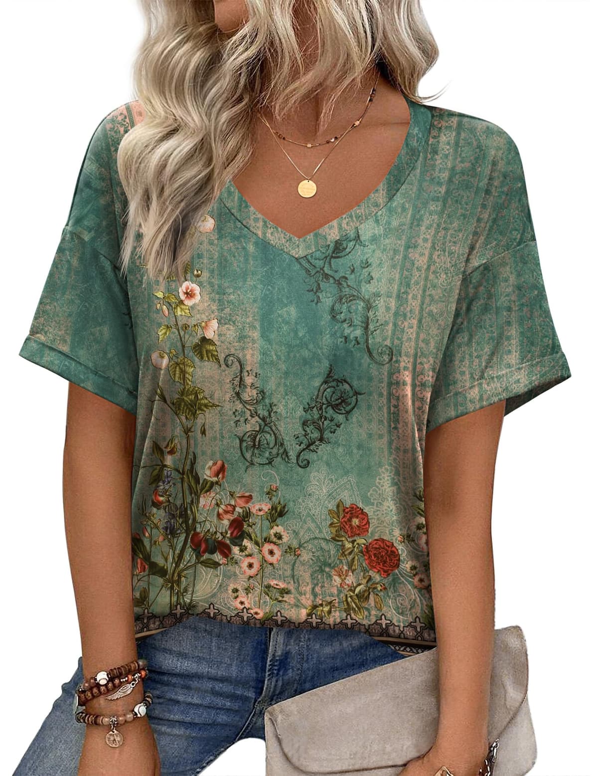 Zeagoo Camiseta básica de manga corta con cuello en V para mujer, para verano, informal, holgada, floral, blusa — view 13