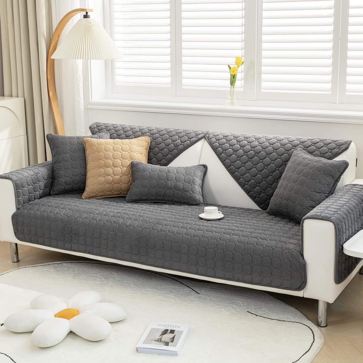 SHANNA Thick Rabbit Plush Sofa Cover 1 2 3 Seater, New Universal Non-Slip Corner Sofa Cover L Shape Super Soft Faux Fur Sofa Slipcovers for Living Room(Grey, 70 * 180cm Seater Cover) — view 37