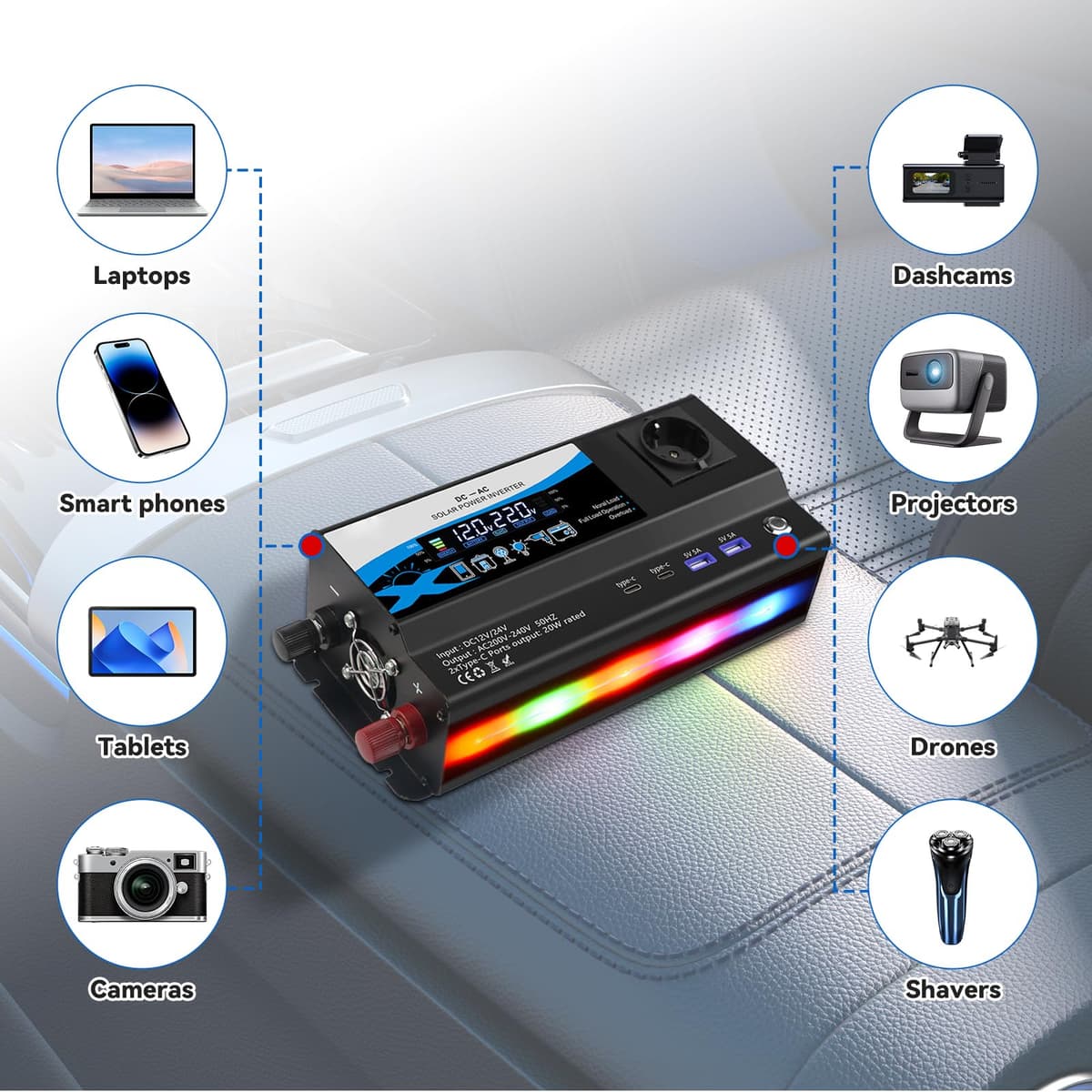 Inversor 1200W 12V/24V a 220V, Convertidor de Corriente para Coche con 2 Tomas AC, 2 USB & 2 Type-C, Mechero y Pantalla LED, para Autocaravana Camping — view 4