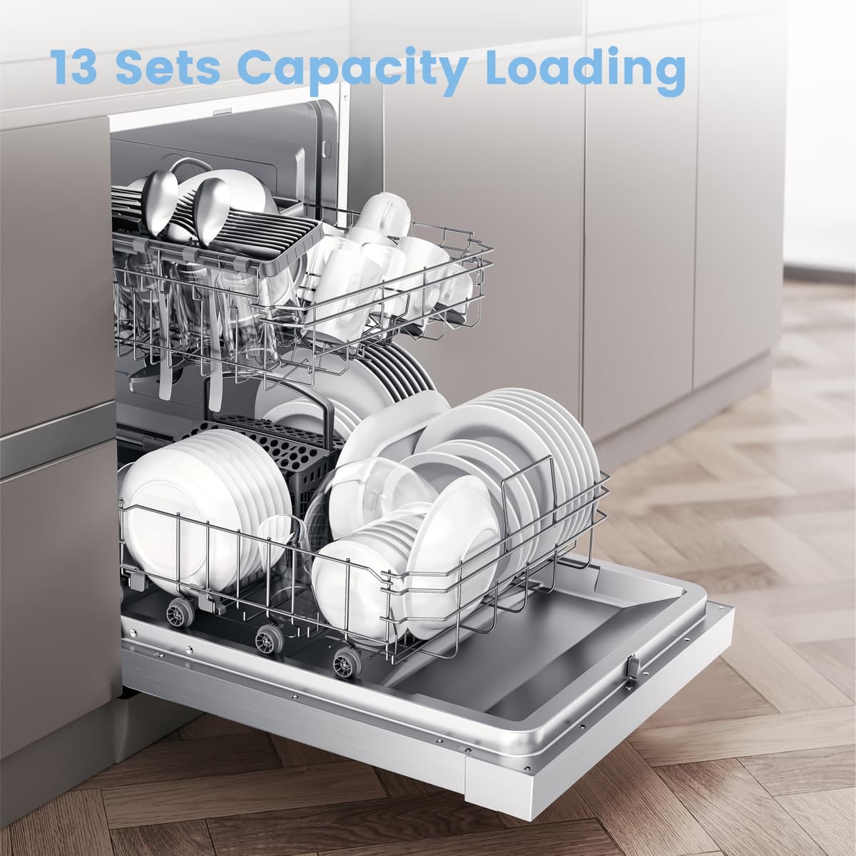 COMFEE' Dishwasher Freestanding with 13 Place Settings, New Upgraded Full Size Dishwasher 60cm Width, CDWPF1301PWD-UK, Auto Door Open Drying, Quick Wash, Hygiene Wash, Delay Start, Half Load -White — view 3