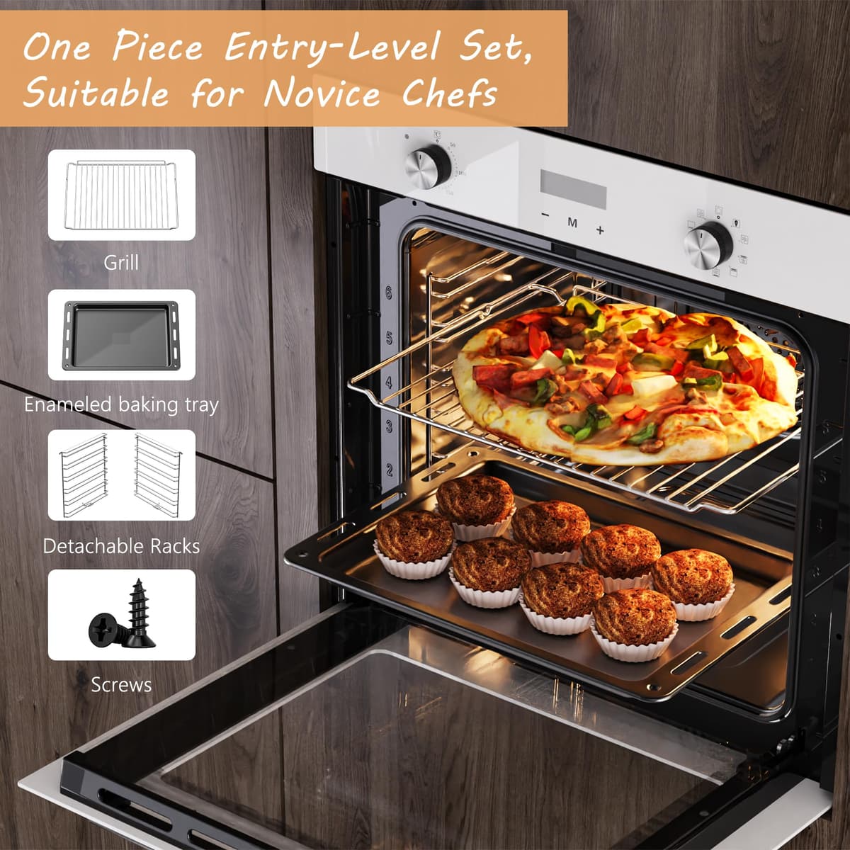 Electric Single Oven Built-in Integrated White, Installed Size 60 cm, 60L 2.2kW with Plug, Timer, 9 Functions, with Grill & Enameled Baking Tray,3D Hot Air Baking, Heat Protection Glazing — view 4