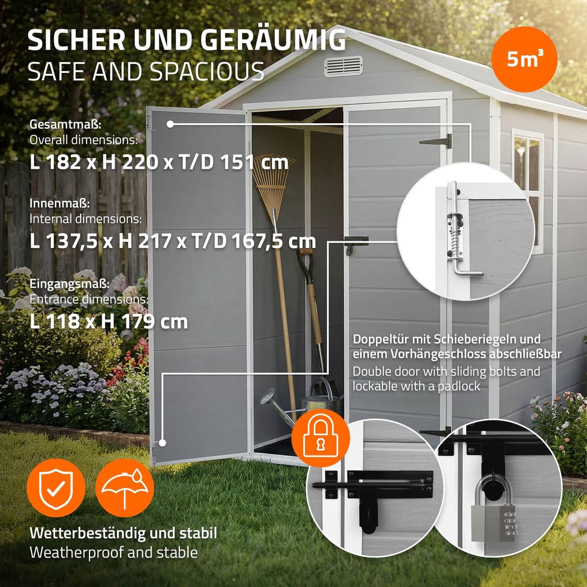 ECD Germany Caseta de Jardín con Suelo, 5m³ 151x182x220 cm Gris Claro, Cobertizo Exterior de Plástico para Almacenamiento de Herramientas, con Tejado en Dos Aguas, Puerta y Ventana de Ventilación — view 4