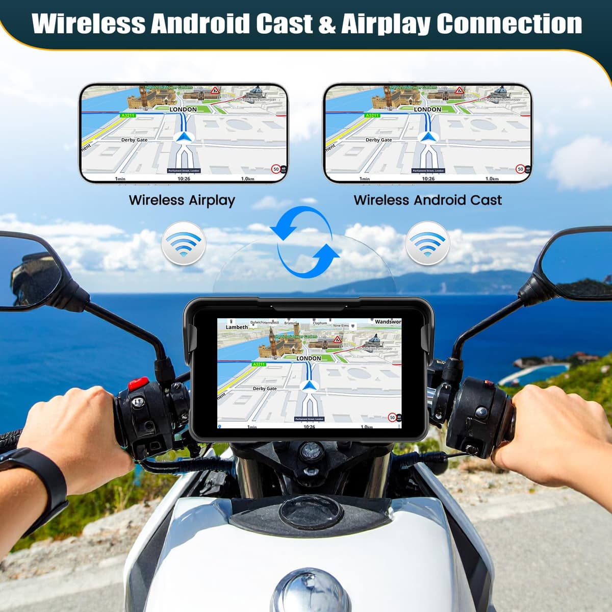 CAMECHO Moto Carplay Pantalla 5 Pulgadas con Wireless Carplay Android Auto IP68 Dispositivos de Navegación a Prueba de Agua, Pantalla Táctil con Bluetooth para Motocicletas con Android Cast Airplay — view 4