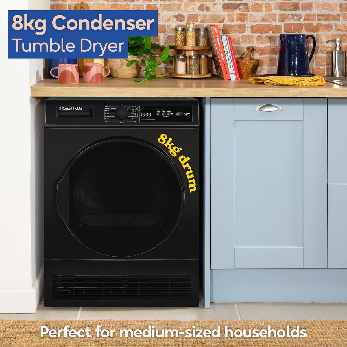 Russell Hobbs Freestanding Condenser Dryer Electric Tumble Dryer 15 Programmes 8kg Capacity 3 Heat Settings LED Display DelayStart Anti-Crease Child Lock Black Clothes Dryer RH8CTD111B — view 3