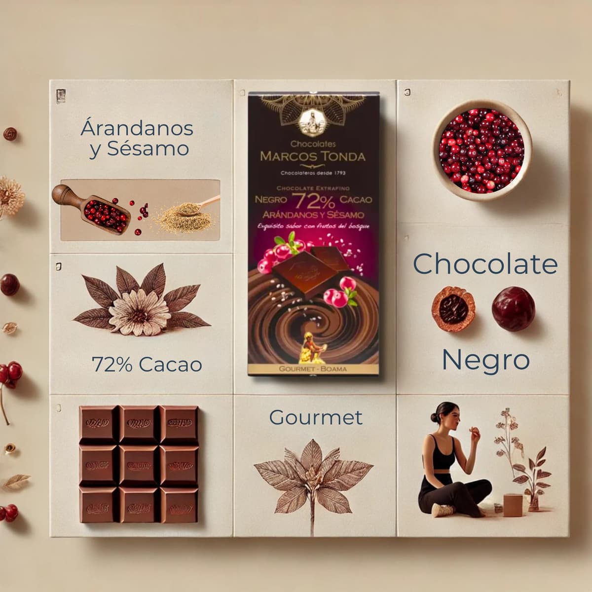 Chocolates Marcos Tonda – Chocolate Negro 72% Gourmet Con Almendras, Arándanos Y Sésamo X5 | Chocolate Con Almendras 100g | Chocolate Gourmet | Desde 1793 — view 4