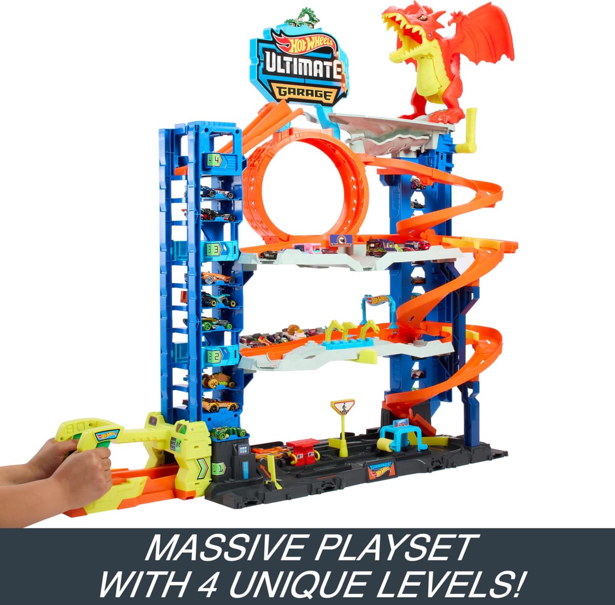 Hot Wheels City “Let's Race - ¡a Correr!” Netflix - Garaje definitivo Pista para Coches de Juguete con dragón y 4 Niveles, Incluye 2 vehículos, +4 años (Mattel HKX48) — view 3