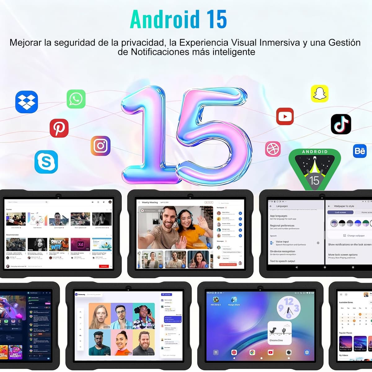 Tablet Niños 10 Pulgadas Android con 30GB RAM+TF 2TB, Octa-Core 2.0Ghz/GMS,Widevine L1,Gemini AI/Bluetooth 5.0,Juegos Educativos,5MP+8MP/1280*800,Tablet Android 15 con Funda EVA+360° Giratorio, Negro — view 3