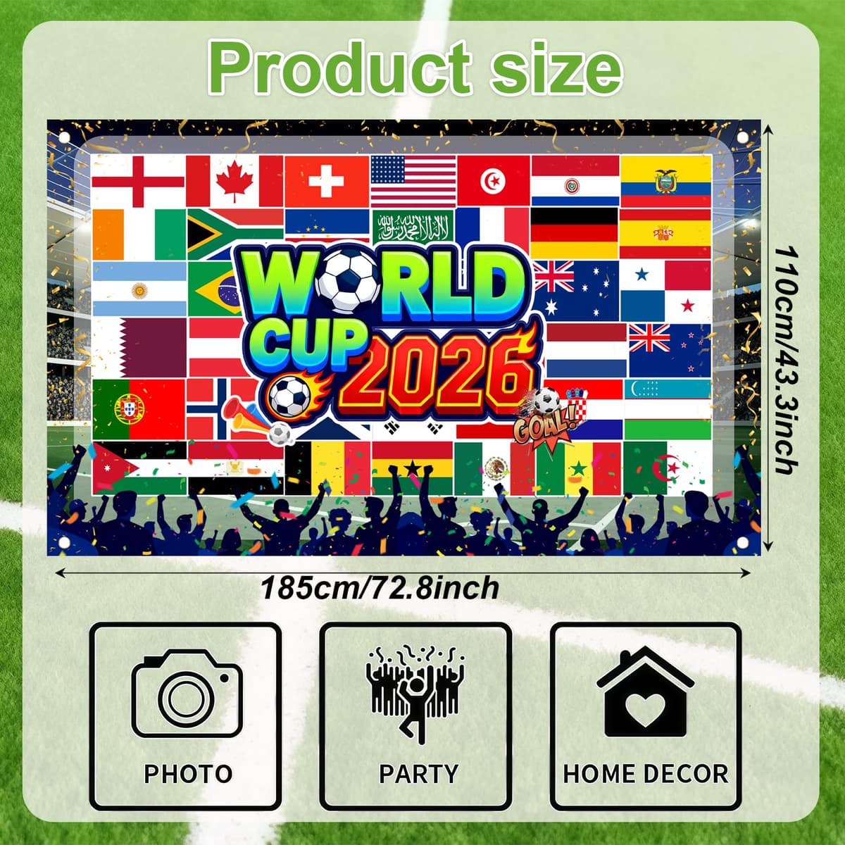 Large 110 x 180 cm World Cup Football 2026 Flag, World Cup Wall Chart Banner Soccer Stadium Atmosphere Background with National Flags Ball Indoor Outdoor Party Garden Home Fan Decor — view 2