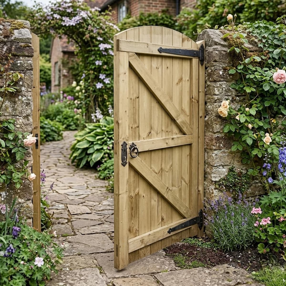 180cm x 99cm Wooden Garden Gate | Pressure Treated Feather Edge Timber Gate | Dome Top Heavy Duty 6cm Thick Semi-Braced Side Gate — view 4