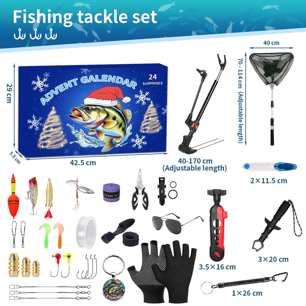 Calendario Adviento Adultos 2025, Calendario Adviento Pesca Hombre, Calendar Advent con 24 Días Señuelos Pesca Rellenar Calcetines Navidad, Regalos Navideños Pescas Amantes Pesca (Azul) — view 2