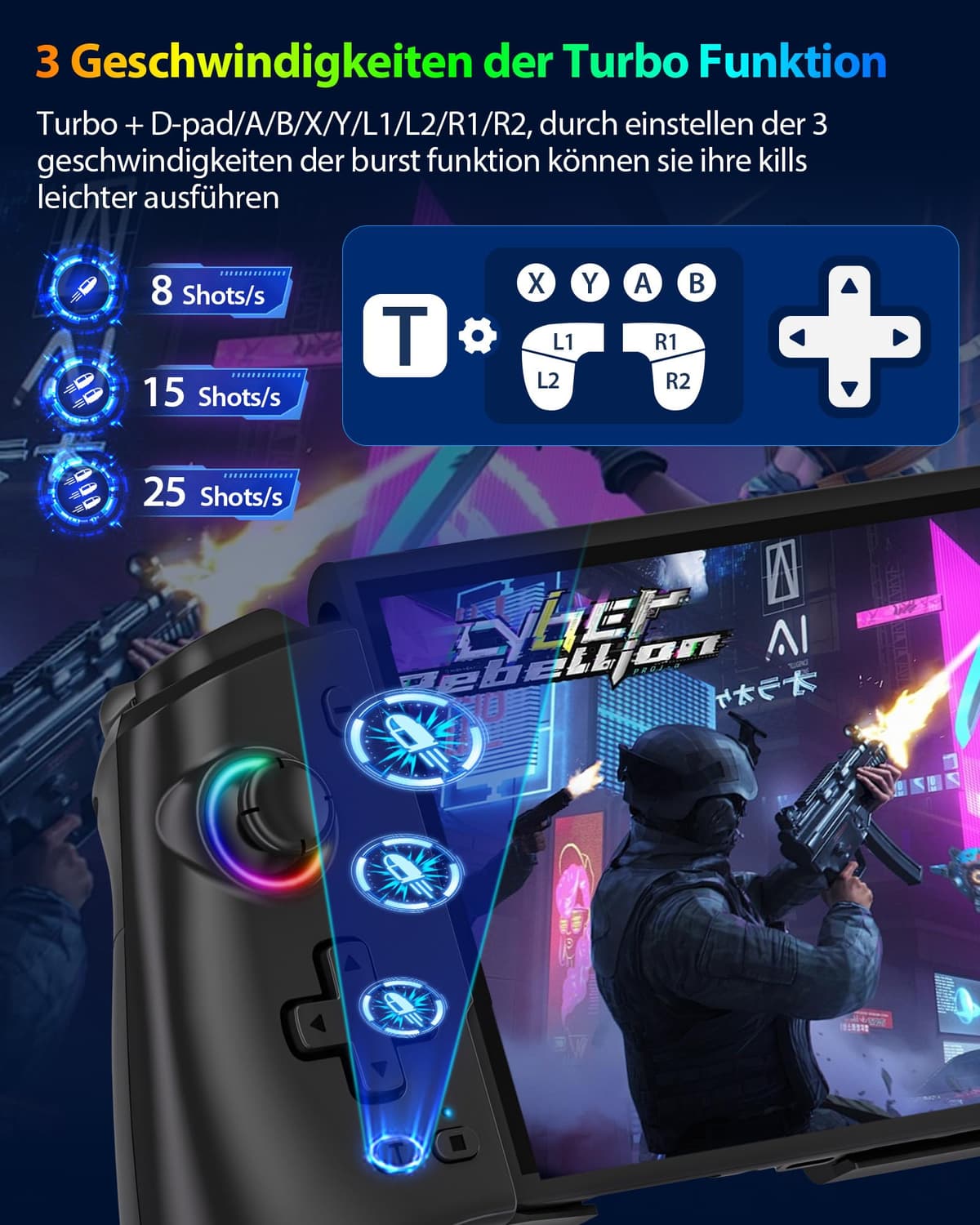 ZRZLMVP Controlador inalámbrico Switch Pro para Switch 2/Switch 1/Switch OLED, controlador de juegos de PC elástico con 16 luces RGB, joysticks Hall Effekt, barra de programación, despertador, turbo — view 4