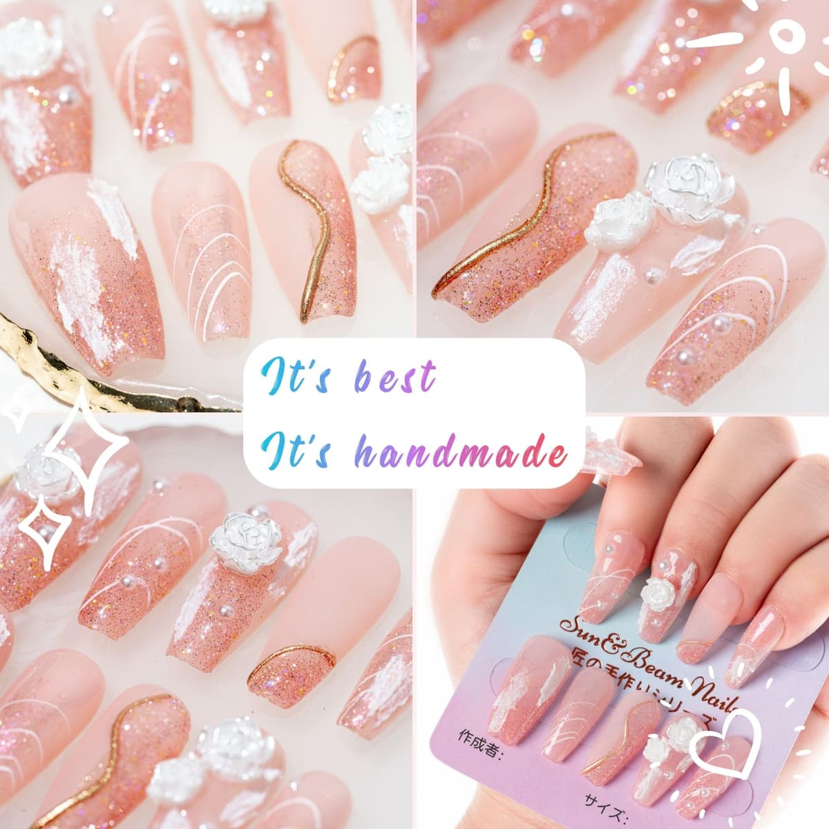 Sun&Beam Nails Handmade Press On Nail Long Coffin Ballerina Pink Flower Acrylic Fake Tip 3D Design Art Charms Cute with Storage Box 10 Pcs (S) — view 2