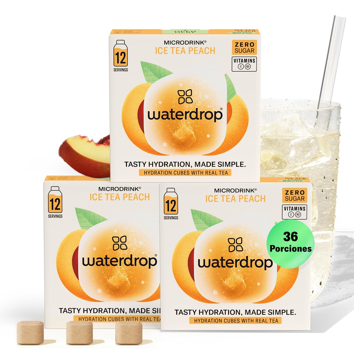 waterdrop® Microdrink, Té Frio MELOCOTÓN, 36 Pastillas Saborizantes Para Agua SIN AZÚCAR, Té NEGRO, Con VITAMINAS, Refresco Instantaneo Sin Calorias, Infusiones Variadas Polvo, Ice Tea