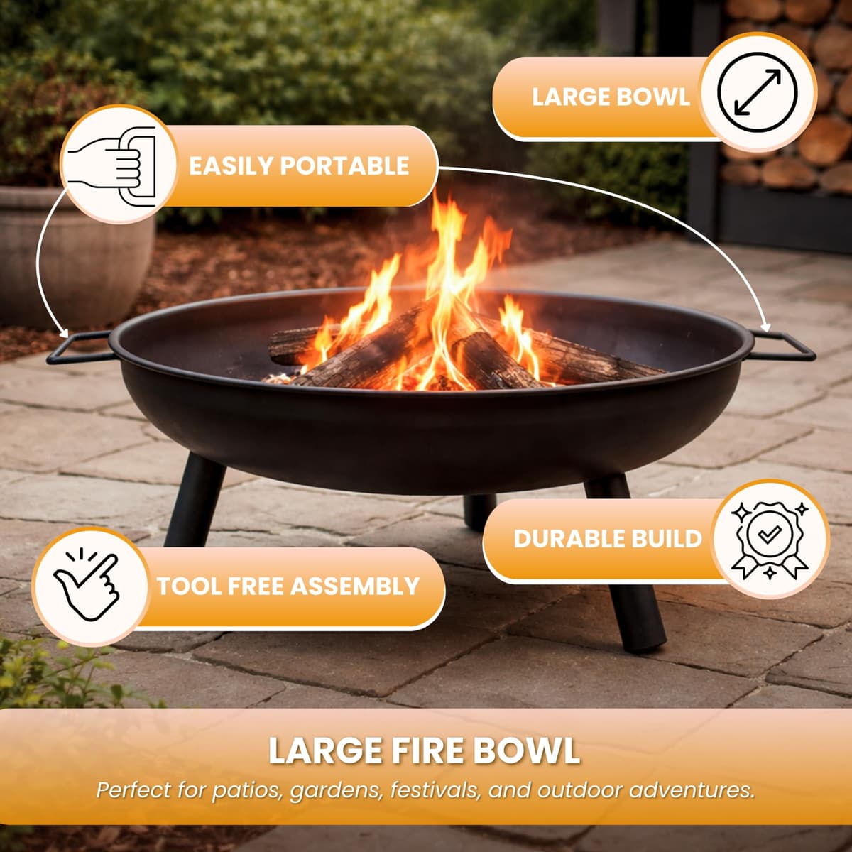 Garden Mile Outdoor Fire Pit Bowl 58cm Large Round Steel Garden Fire Pit with Handles Portable Wood Burning Fire Bowl with 3 Legs Heat Resistant Powder Coated Firepit for Patio, Camping, Bonfire — view 4