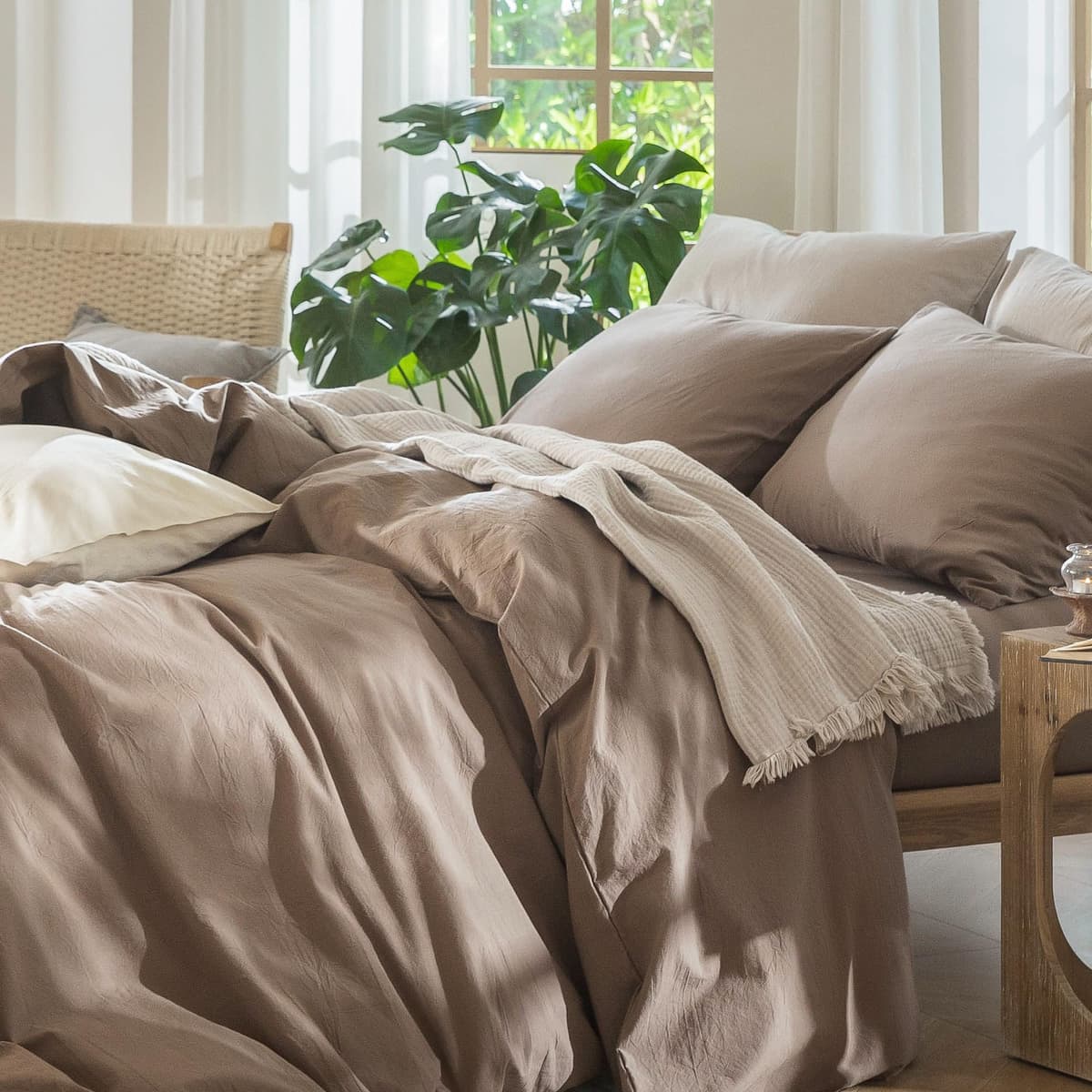 MooMee Bedding Duvet Cover Set 100% Washed Cotton Linen Like Textured Breathable Durable Soft Comfy (Tannish Linen Grey, King) — view 252