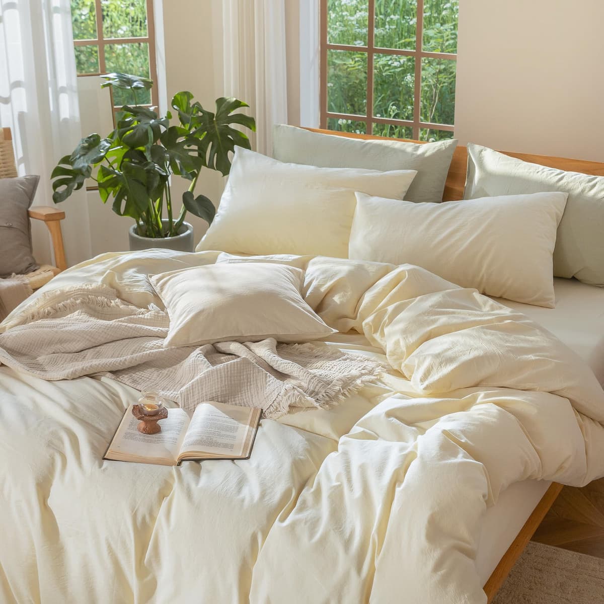 MooMee Bedding Duvet Cover Set 100% Washed Cotton Linen Like Textured Breathable Durable Soft Comfy (Tannish Linen Grey, King) — view 155