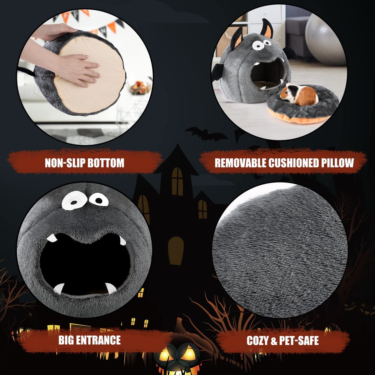 Guinea Pig Hideout - Guinea Pig Bed, Halloween Style Small Pet Hides, Ideal Bed for Small Pets, Bat Shape, Dark Gray — view 3