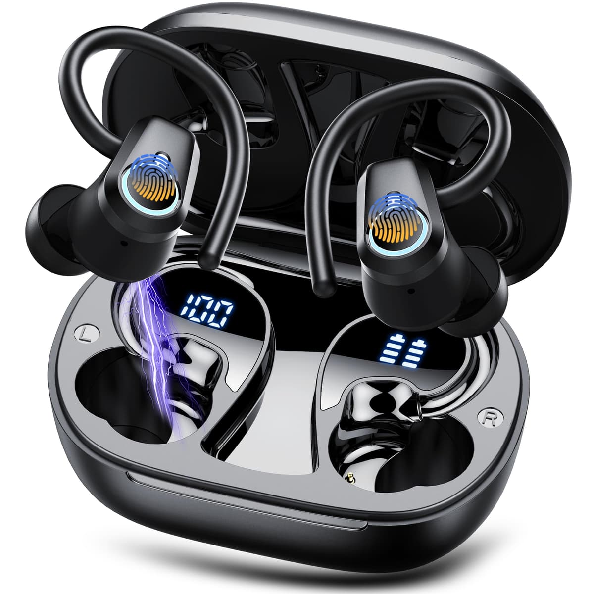 Wireless Earbuds, Bluetooth 5.3 Headphones with 4 ENC Noise Canceling Mic, 50H Stereo Dual LED Display Ear Buds, Sport Bluetooth Earphones with Earhooks, IP7 Waterproof Wireless Headphones for Running