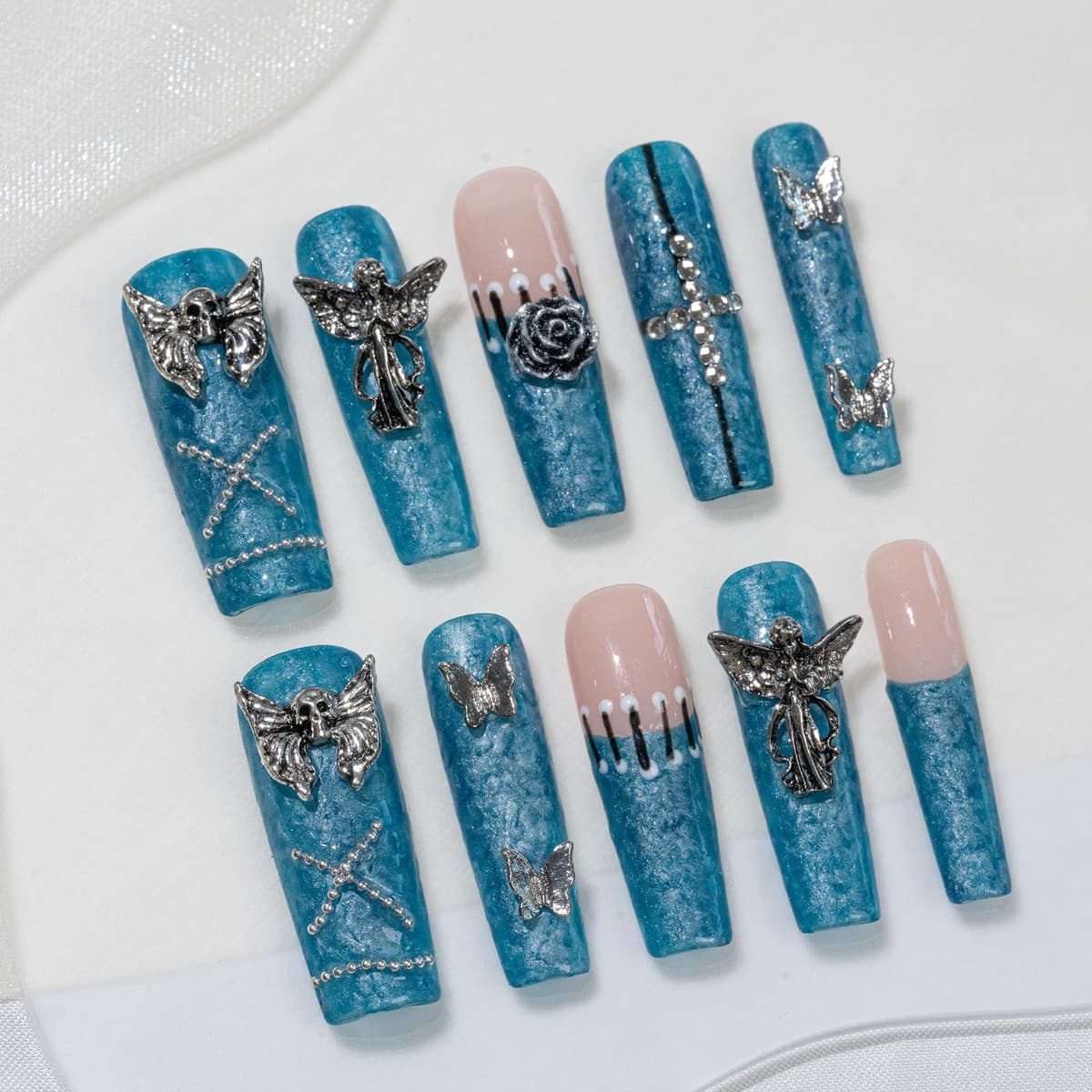 Sun&Beam Nails Handmade Press On Nail Long Coffin Ballerina Pink Flower Acrylic Fake Tip 3D Design Art Charms Cute with Storage Box 10 Pcs (S) — view 127