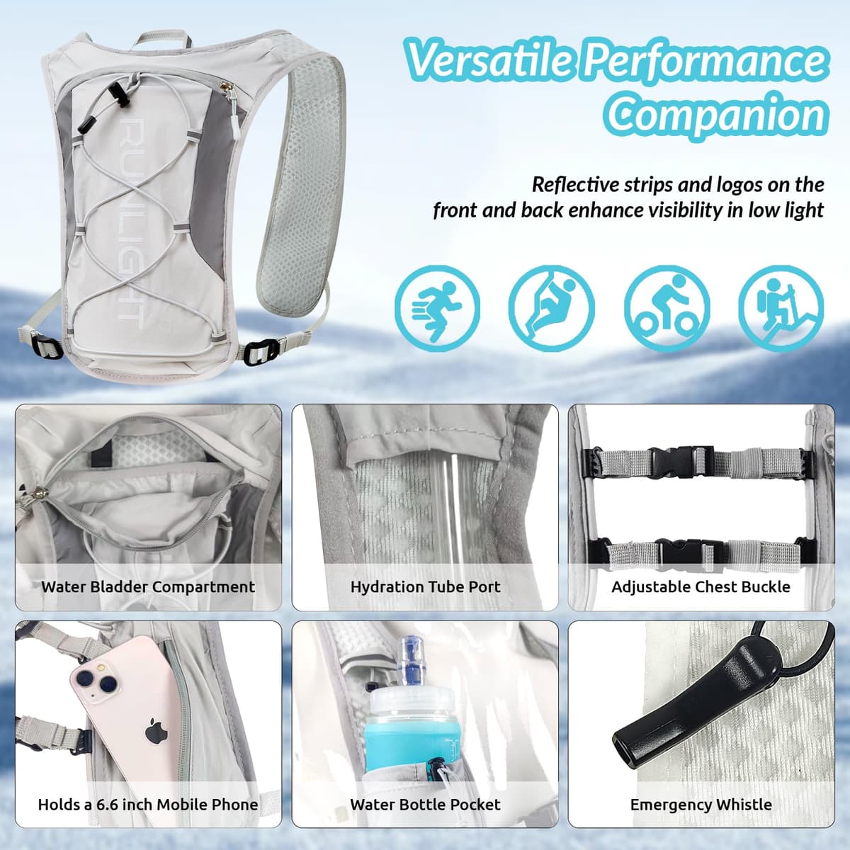 Running Vest Women Men,Night Reflective Hydration Vest Pack with 1500ml Soft Water Bottle,Adjustable Hydration Vest For Hiking Trail Cycling Marathon — view 3
