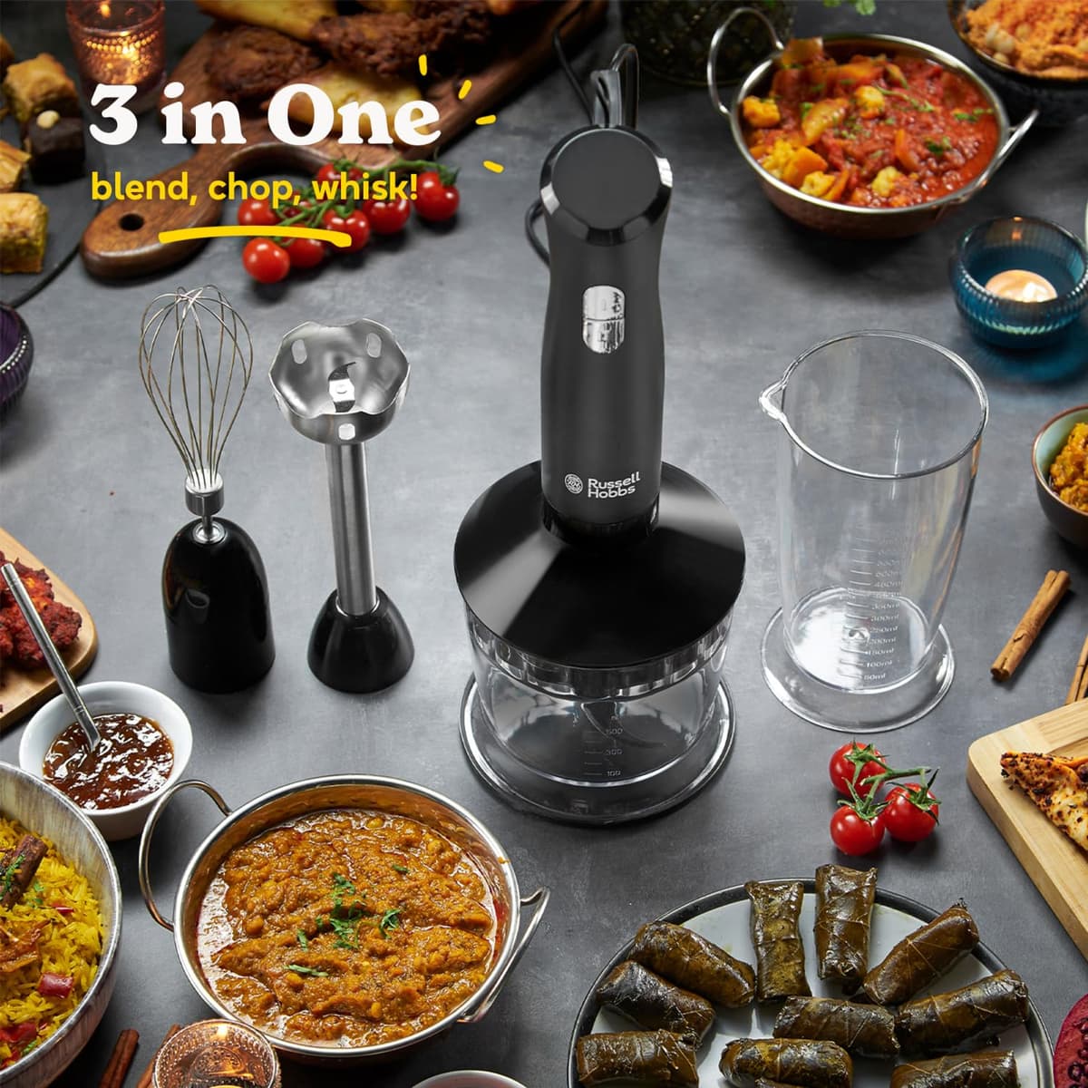 Russell Hobbs Desire 3 in 1 Electric Hand Blender, Fruit & Veg Mini Chopper & Whisk attachment, Stainless steel blending leg, whisk & blades, 500ml capacity chopping bowl & 700ml beaker, 500W, 24702 — view 3
