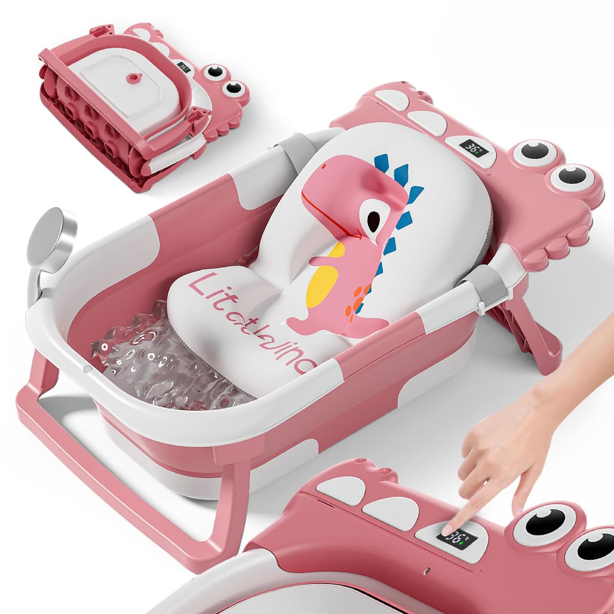 Bañera Plegable Bebé Con Cojín De Baño Antideslizante - Bañera Bebe Plegable Con Termómetro - Asiento bañera Bebe - Desde El Nacimiento Hasta Los 3 Años - Regalos De Nacimiento (GRIS, DINO) — view 9