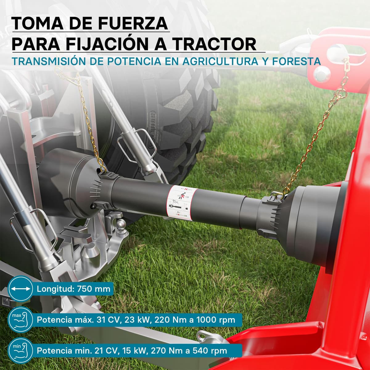 WilTec Toma de Fuerza T2 Eje transmisión cardán 750mm 270Nm 540rpm PTO 23kW (31CV) 2X 1 3/8" 6 Dientes — view 2