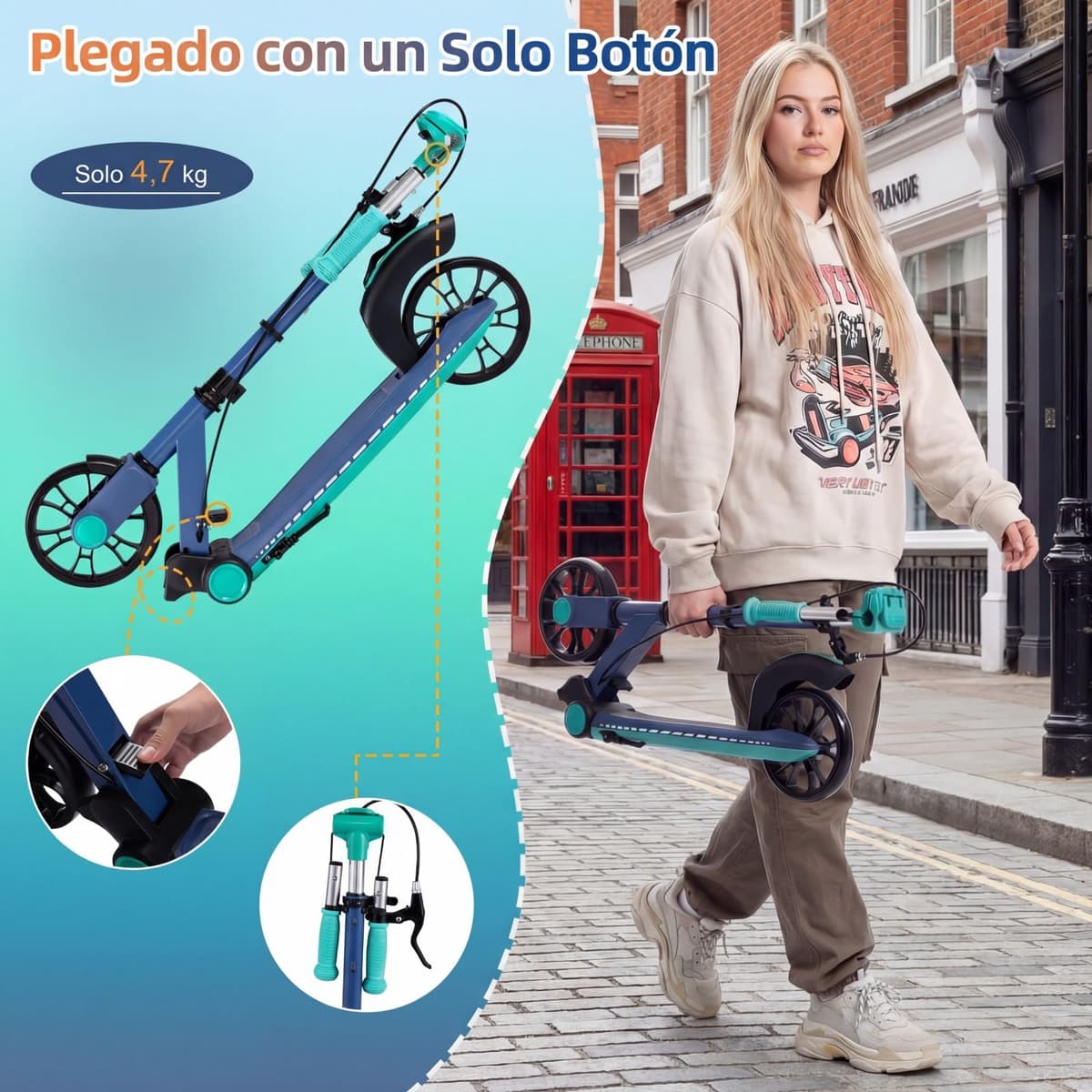 COSTWAY Patinete Plegable con LED Luminosas, Scooter Urbano de Altura Ajustable de 3 Nivles, Patinete Aluminio Ligero de 2 Ruedas para Adolescentes y Adultos, Niños 6+ Años, Carga 100kg — view 3
