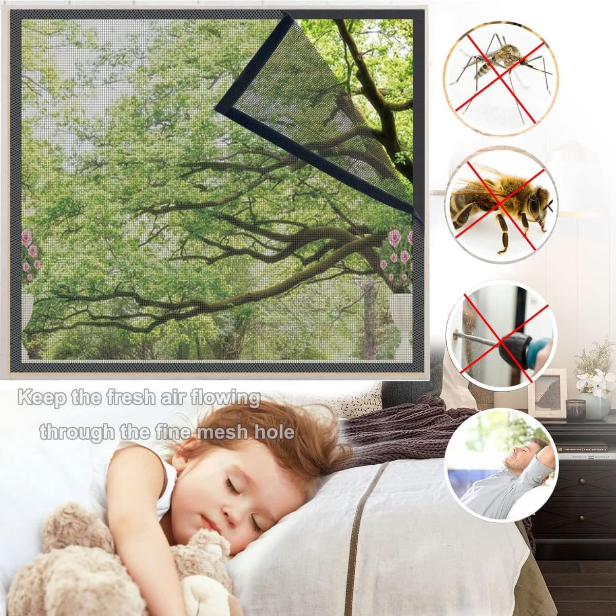 115x135cm Mosquitera para Ventanas, Mosquitero para Ventana con Adhesiva, Mosquiteras de Ventana Automático, Instalar sin Taladrar para, Salón, Dormitorios — view 3