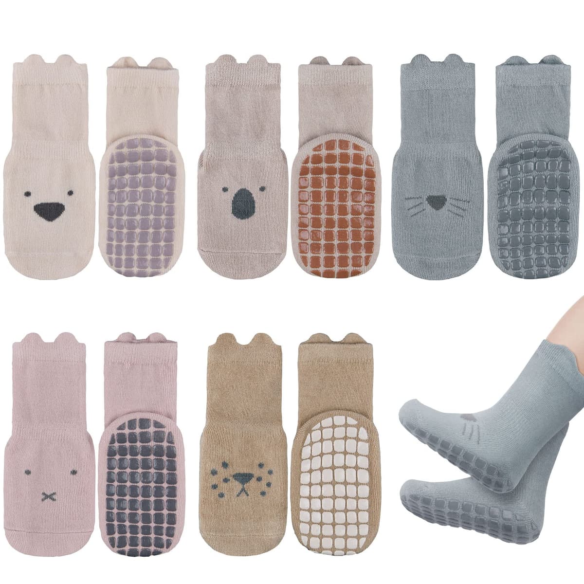 Vicloon Calcetines de Algodón Antideslizantes para Bebés, 5 Pares, Deportivos de 0 a 12 Meses