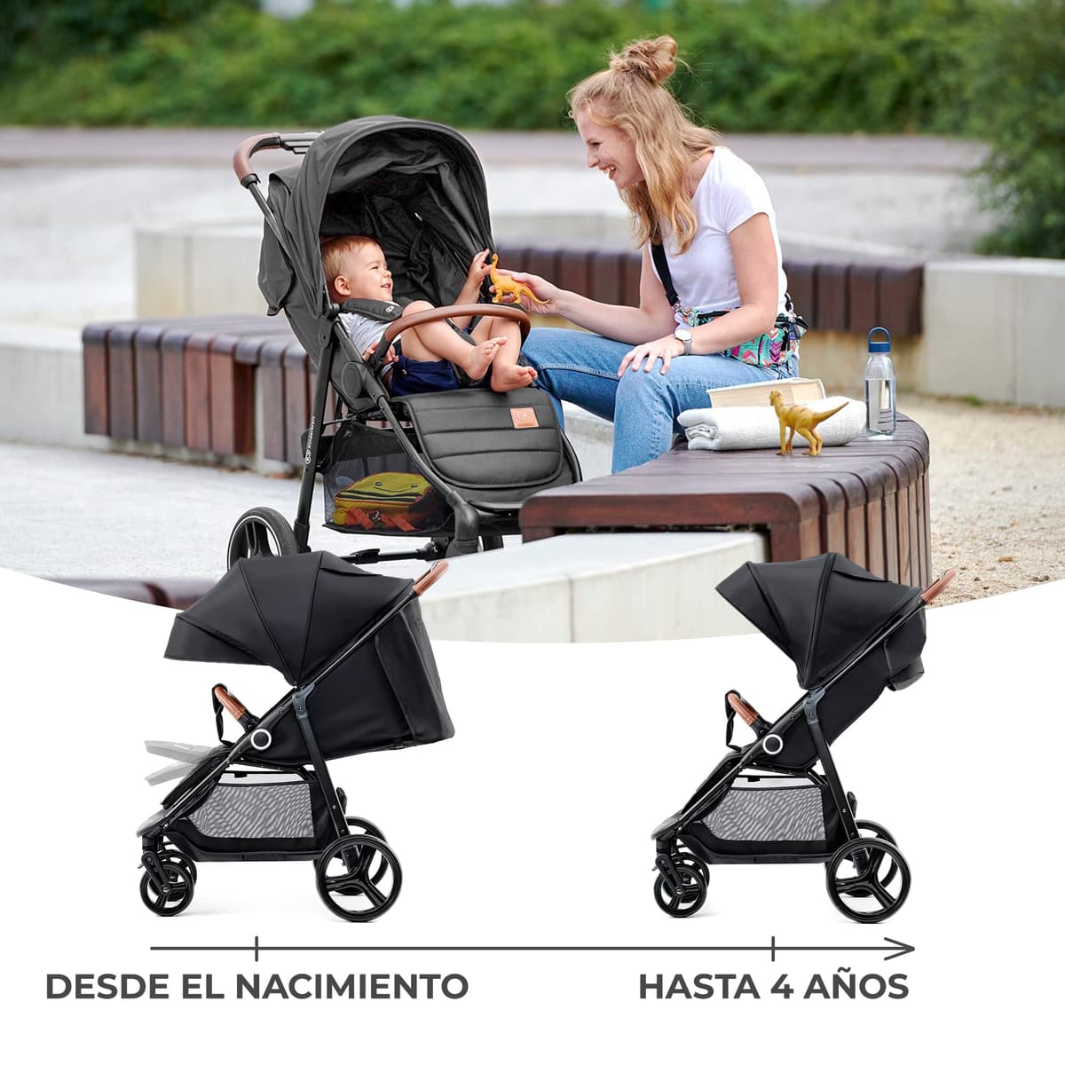 kk Kinderkraft GRANDE PLUS Silla de Paseo ligera desde Nacimiento hasta 22 kg, Plegado con una sola mano, Posición tumbada, Suspensión de todas ruedas, Capota grande XL, Negro — view 3
