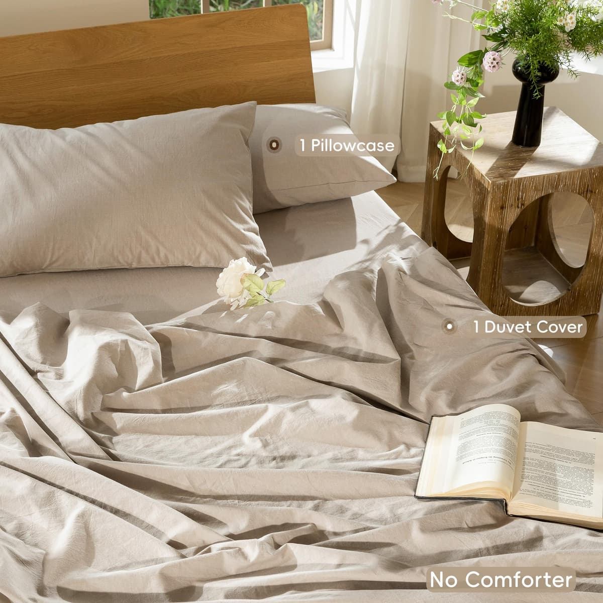 MooMee Bedding Duvet Cover Set 100% Washed Cotton Linen Like Textured Breathable Durable Soft Comfy (Tannish Linen Grey, King) — view 169