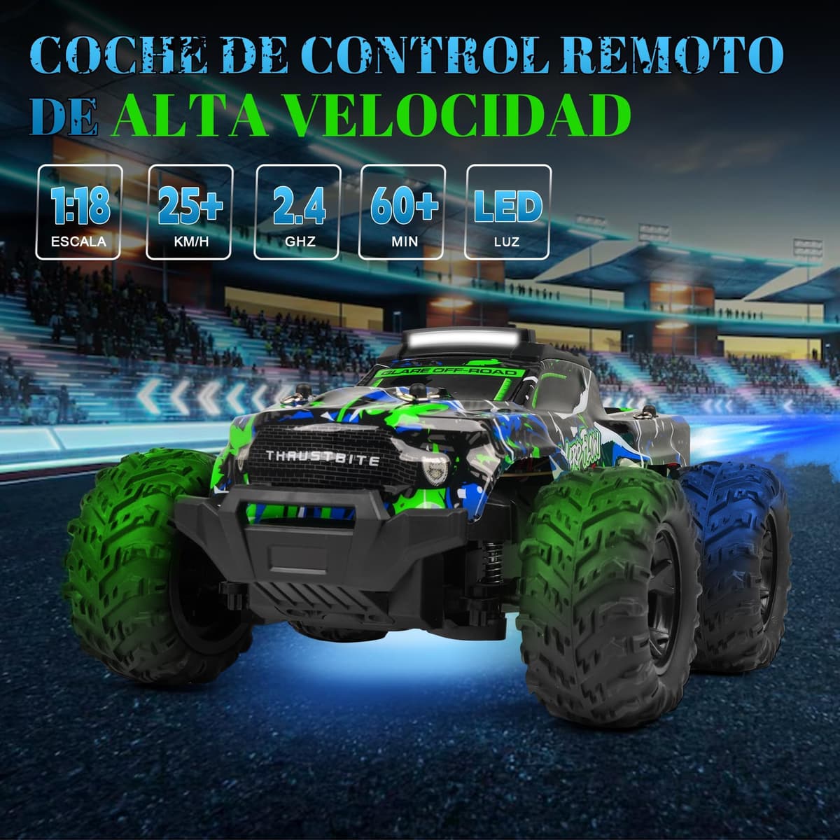 JOYTREKY Coche Teledirigido - 1:18 Coche RC con Luces Led 25 Km/H RC Car con Pulverizador 2,4 GHz Todoterreno 2 BateríAs Recargables 60min Play para NiñOs Y Adultos - Verde — view 2