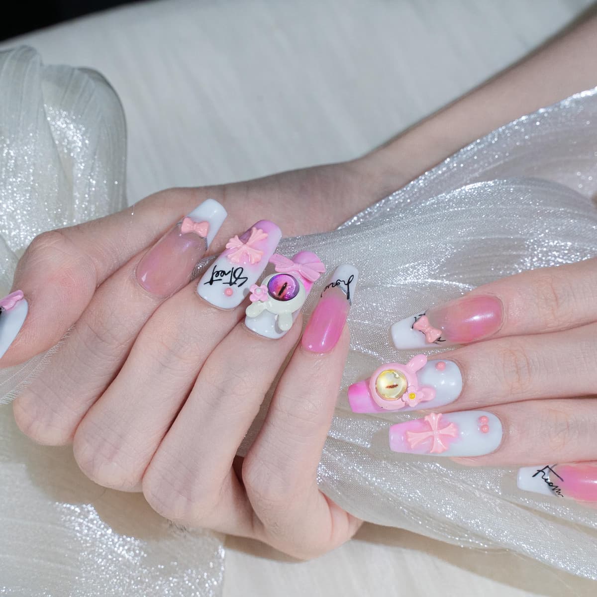 Sun&Beam Nails Handmade Press On Nail Long Coffin Ballerina Pink Flower Acrylic Fake Tip 3D Design Art Charms Cute with Storage Box 10 Pcs (S) — view 86