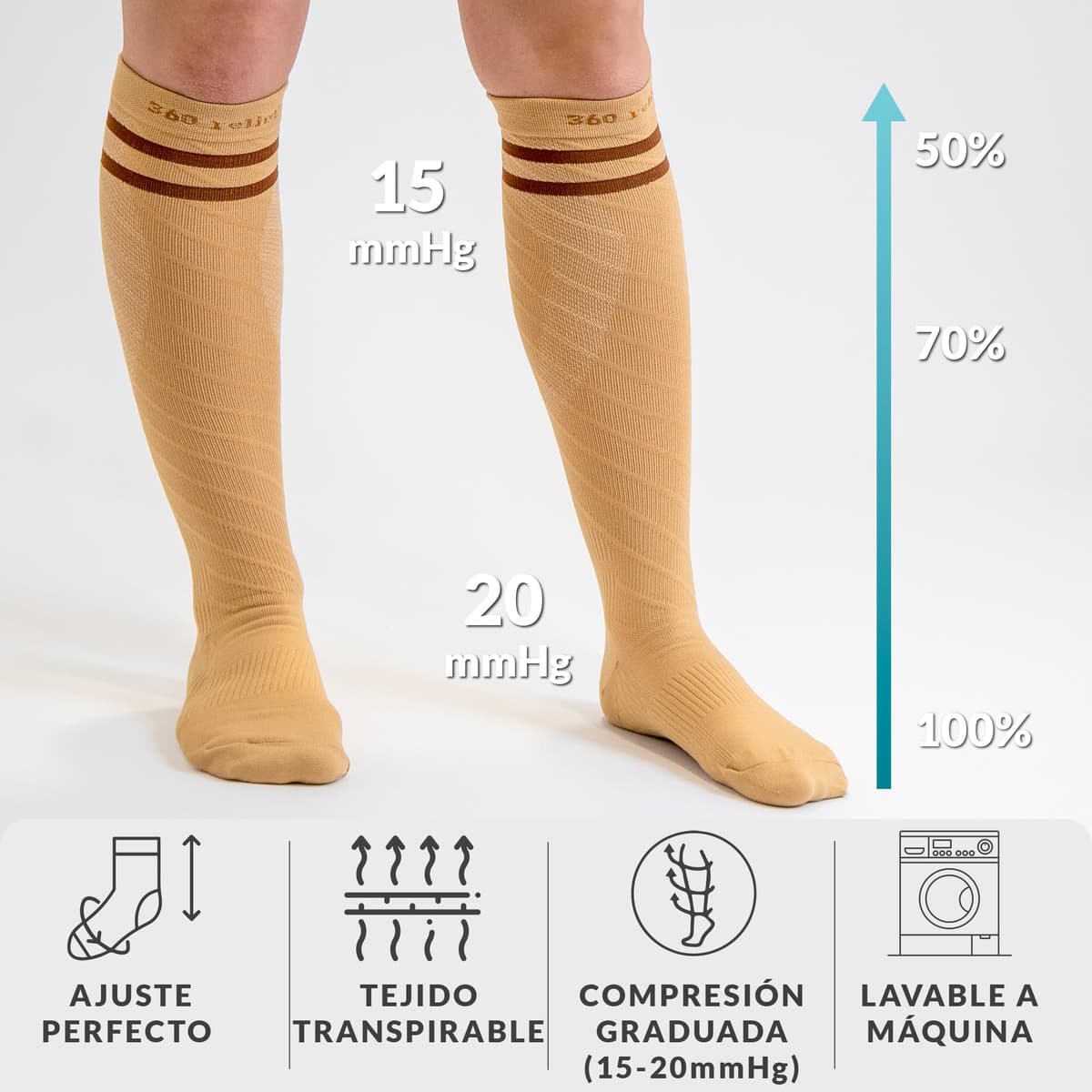 360 Relief Medias de Compresión Mujer y Hombre - 1 Par Calcetines de Compresión para Deportes, Correr, Volar, Viaje, Trabajo, Footing - S/M Beis con Bolsa de Malla — view 26