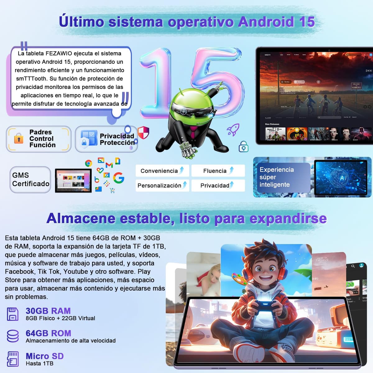 fezawio Android 15 Tablet 10 Pulgadas Gemini AI, Tablet PC Octa-Core, 30 GB RAM + 64 GB ROM (1TB TF), 3.5mm Audio/GMS/WiFi 6 & BT 5.0 / 6000mAh / GPS/Widevine L1, Tableta con Teclado-Morado — view 3