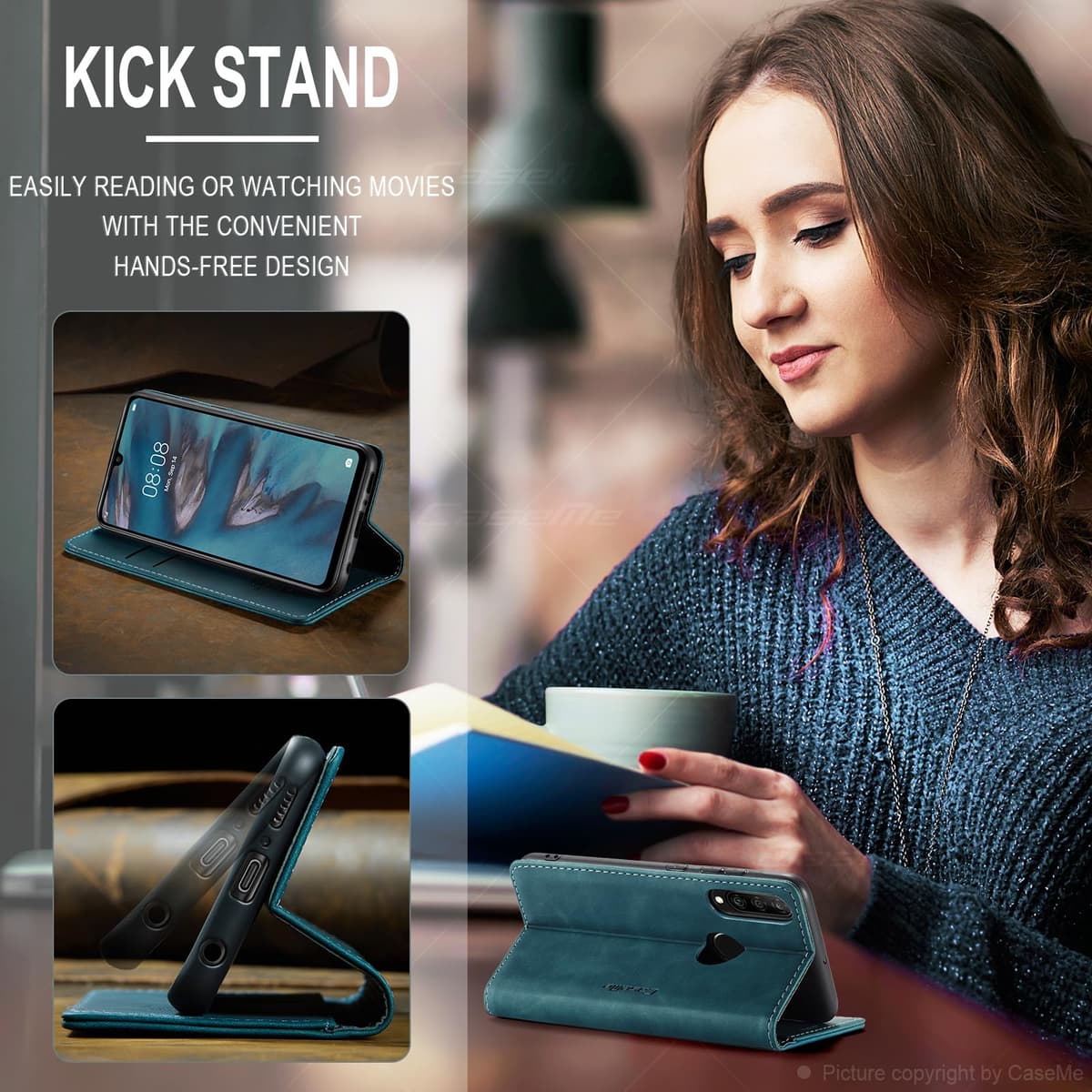 for Huawei P30 Lite Case, Flip Wallet Leather Case with Card Holder Magnetic Closure Shockproof Kickstand Protective Phone Cases Cover for Huawei P30 Lite,Blue-Green — view 4
