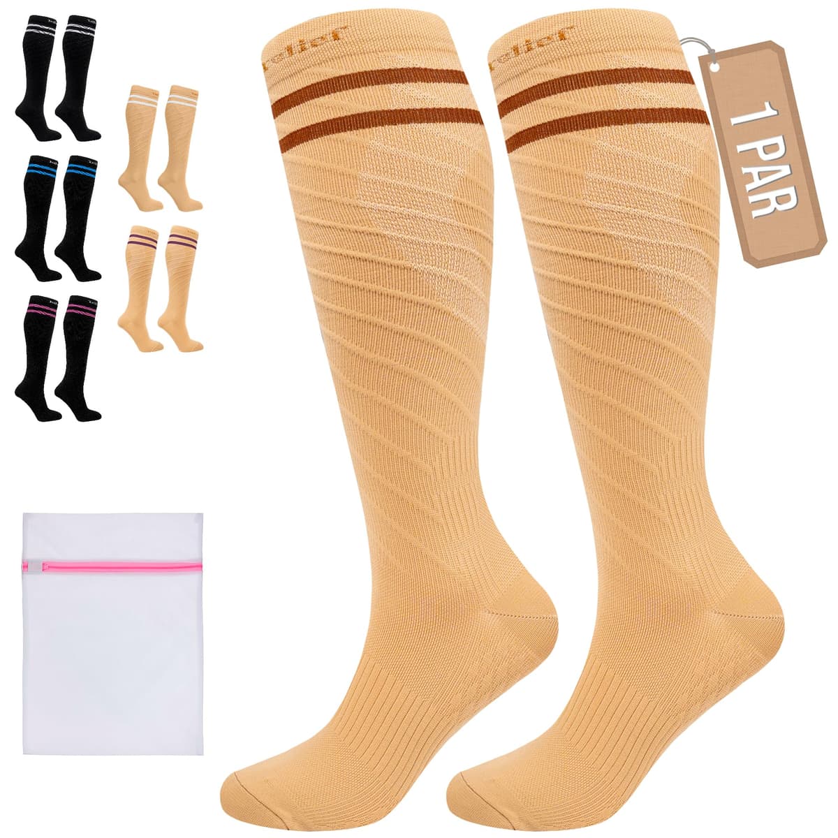 360 Relief Medias de Compresión Mujer y Hombre - 1 Par Calcetines de Compresión para Deportes, Correr, Volar, Viaje, Trabajo, Footing - S/M Beis con Bolsa de Malla — view 28