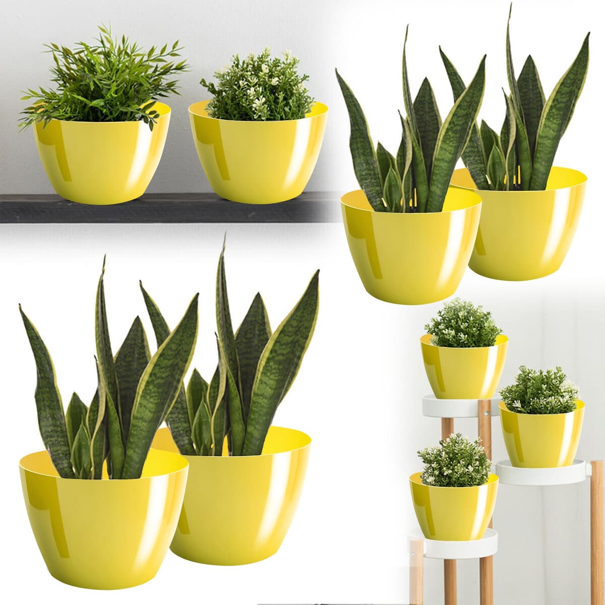 Macetas Brillantes Macetas Decorativas Hierbas Macetas Redondas de plástico duraderas y Ligeras para salón, Comedor, Cocina, terraza, balcón Juego de 2 Piezas (Amarillo, diámetro 20 cm) — view 2