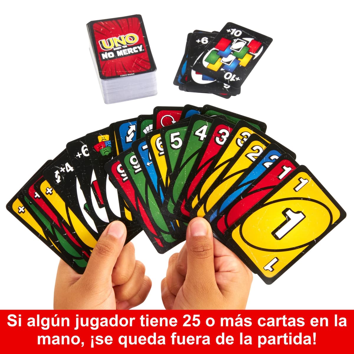 Mattel Games UNO No Mercy, Juego de Cartas con Cartas adicionales, Reglas Especiales y penalizaciones más despiadadas, Juego de Mesa Familiar, para niños y niñas +7 años, HXT57, Caja de Metal — view 5