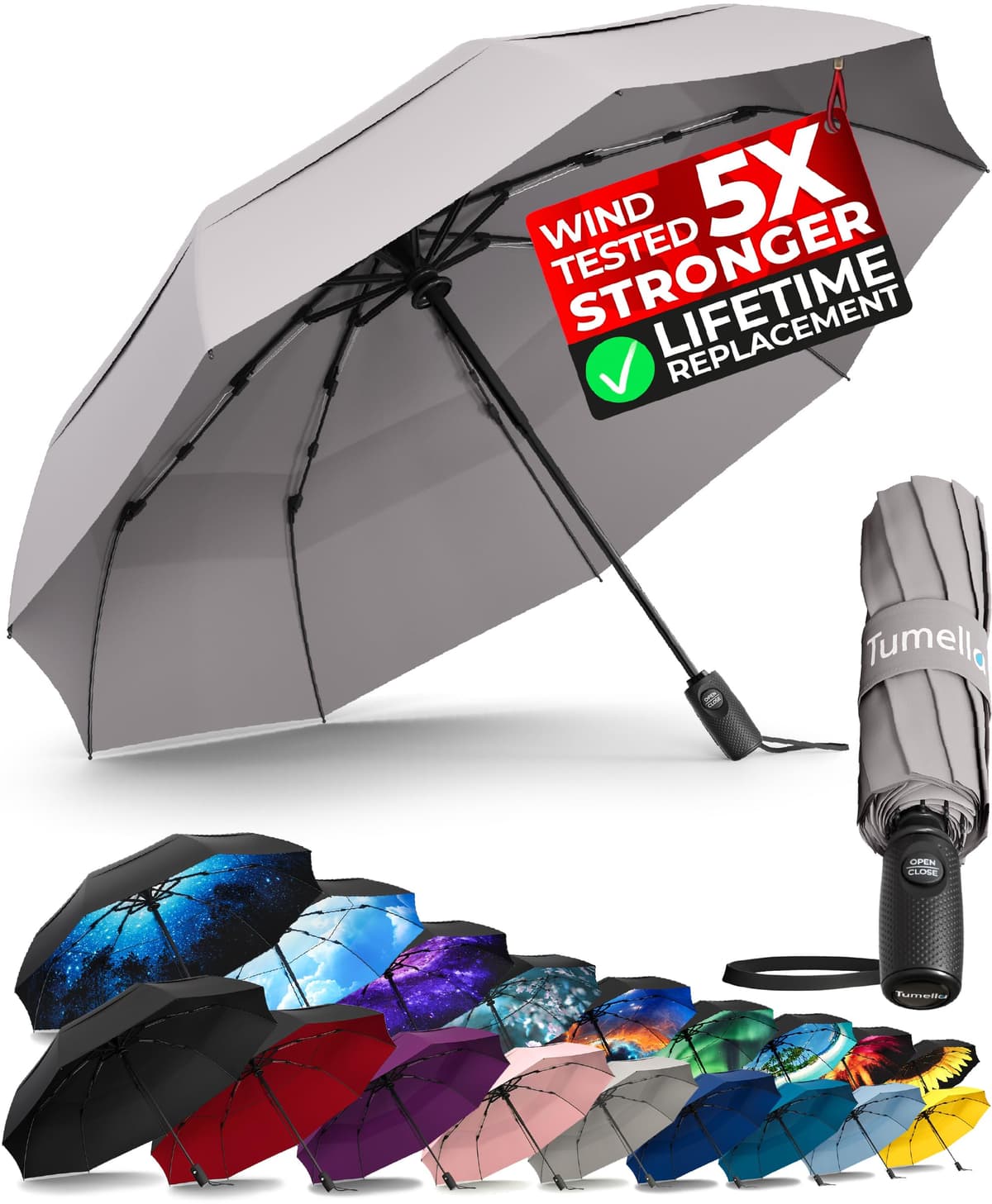 TUMELLA Strongest Windproof Travel Umbrella (Compact, Superior & Beautiful), Small Strong but Light Portable and Automatic Folding Rain Umbrella, Durable Premium Grip, Fits Car & Backpack Black — view 26