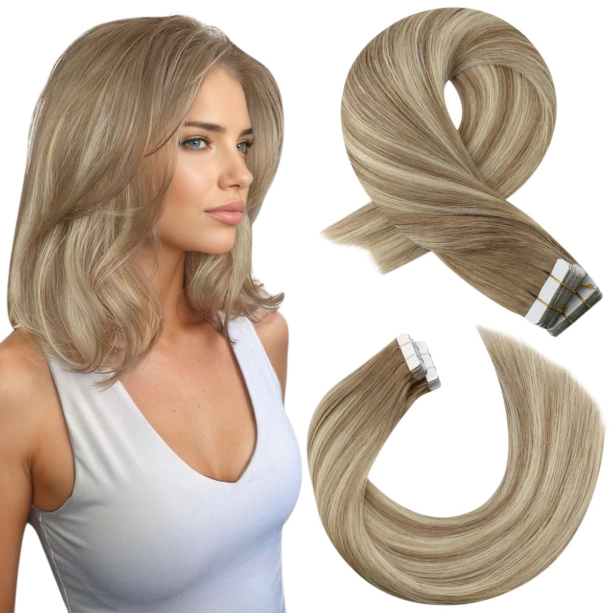 Moresoo Tape in Human Hair Extensions 20 Inch Highlight 50g/20pcs Tape in Hair Extensions Human Hair Ash Blonde with Platinum Blonde #P18/613 — view 51