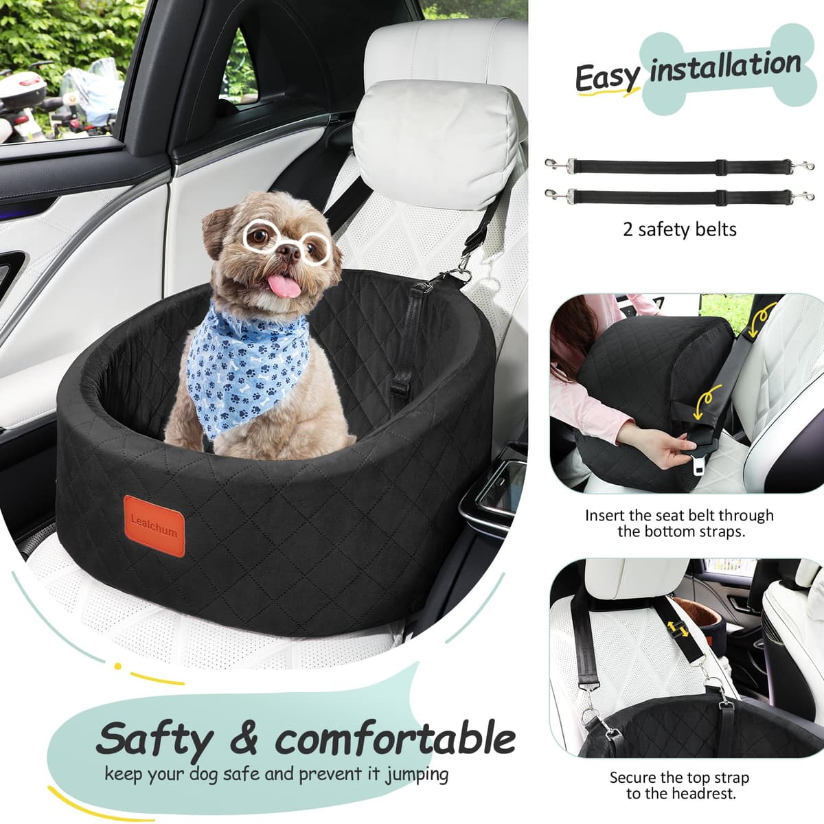 Lealchum Dog Car Seat with 2 Safety Dog Leashes, Safe Pet Travel Car Seat with Non-Slip Bottom, Fully Removable and Washable Seat for Dog, Soft Memory Foam Puppy Seat for Car (Black, Small) — view 4